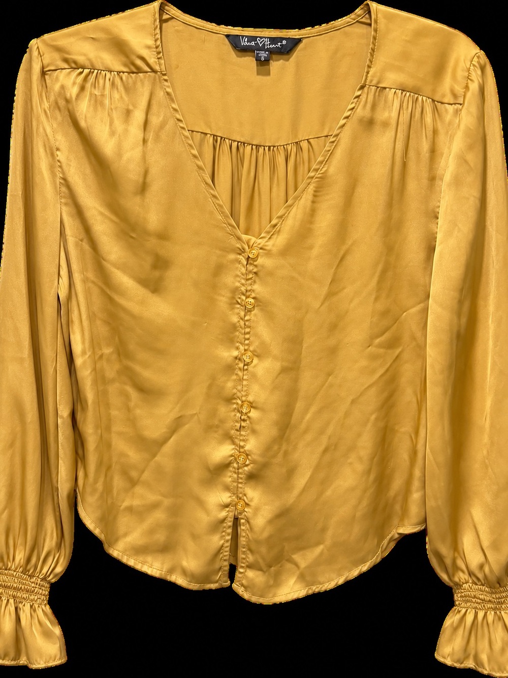 Velvet Heart Mustard Gold Satin Look Blouse Size S Made in USA